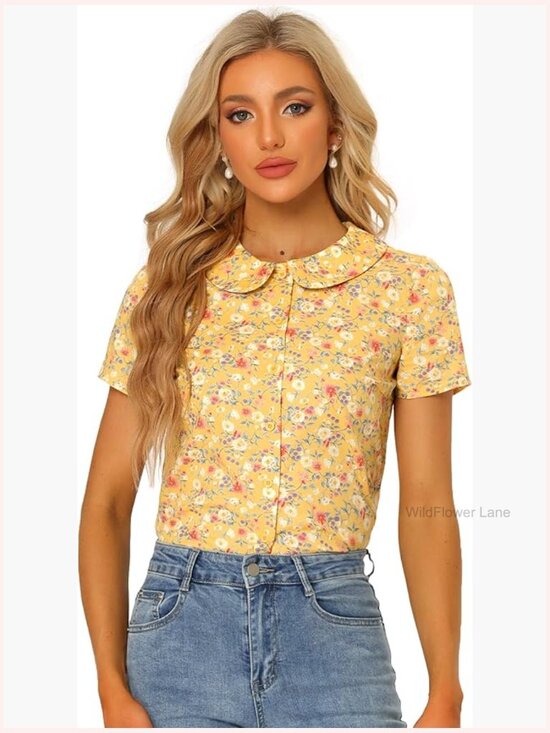 Tops - Vintage Floral Peter Pan Collar Button Front Blouse Short Sleeve